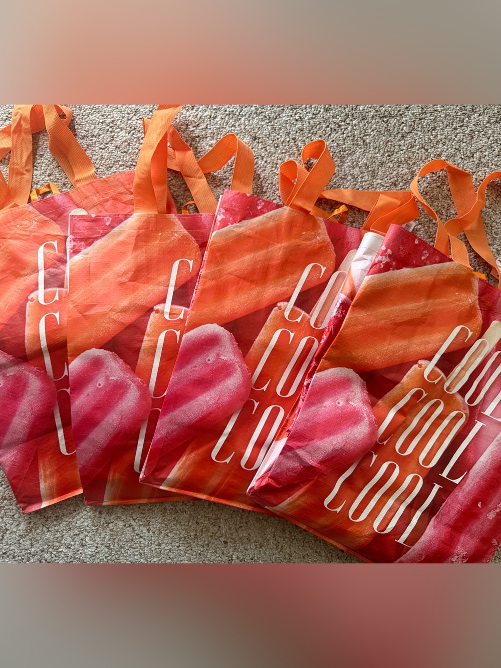 NEW EUC 4pk Reusable Tote Bag Summer Bright Vibrant Orange Pink Popsicle Design